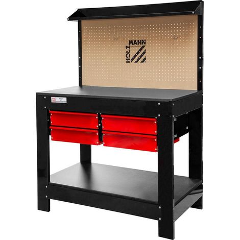 Holzmann – Établi modulable 112 x 61 x 158 cm – Structure en tôle robuste – Capacité max. 200 kg – 20 crochets pour outils – 4 tiroirs coulissants