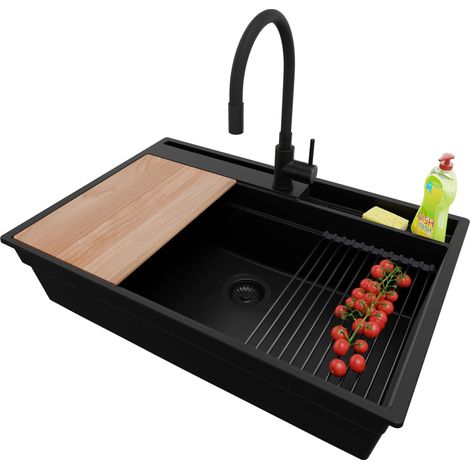 PRIMAGRAN Evier Cuisine en Granit 78x53cm, Lavabo 1 bac + Kit de Vidage + Accessoire, Évier à Encastrer au meuble 80cm - Oslo Pocket, Tout Noir
