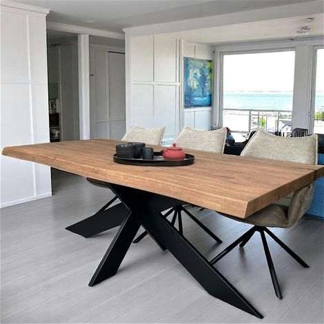 Table extensible chêne brun bords naturels pied noir fin 220 cm PALERME