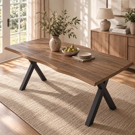 Table à manger rectangulaire 180x78x75 cm pour 4 à 6 personnes, plateau MDF avec bord ondulé, pieds métal en X design moderne - Noyer (1/5)