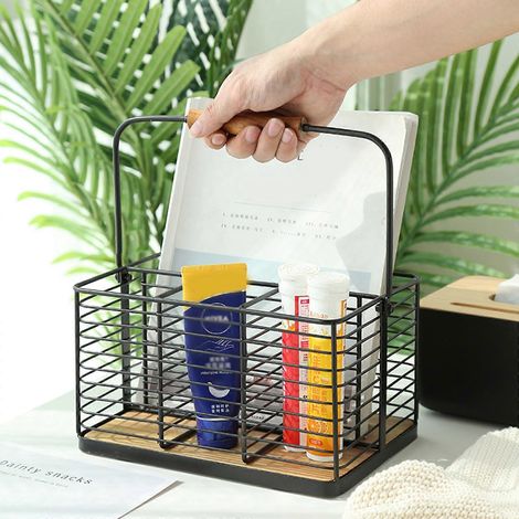 Panier de rangement en fer forgé avec poignée et compartiments ajourés en maille, idéal pour la cuisine, la chambre et la salle de bain. (1/4)