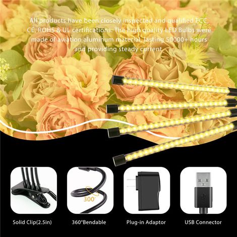 Lampes de jardinage à LED, 4 têtes d'intérieur, 120 LED de minuterie marche/arrêt automatique à spectre complet pour semis, plantes grasses, orchidées (1/4)