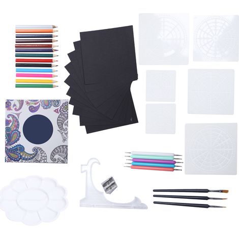 Kit de peinture DIY avec pochoirs ajourés, outils de pointillage mandala et pochette de rangement bleue, idéal pour les loisirs créatifs.