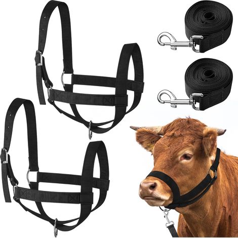 Lot de 2 sangles licou en nylon pour bétail, 2 laisses réglables, licou pour poney, harnais pour chevaux et veaux pour dresser, les chèvres (noir) (1/5)