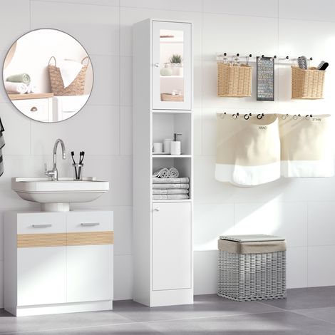 Blanc 30x28x180 cm - Placard de salle de bain haut avec miroir Colonne de salle de bain Meubles en bois avec 2 étagères ouvertes 2 portes et