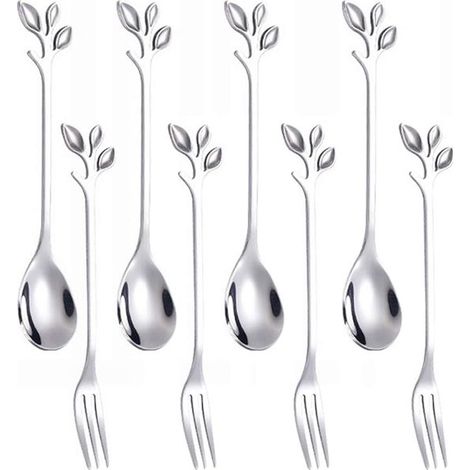 pièces - Cuillère à café - dont 4 cuillères et 4 fourchettes - fourchettes à pâtisserie - Cuillères - Cuillère à café - fourchette à fruits - Acier inoxydable - argent - 12,1 cm (1/4)