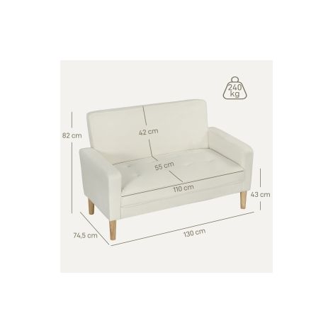 Canapé 2 places blanc crème avec revêtement rembourré et pieds en bois d'hévéa pour salon, chambre et espace détente (1/5)