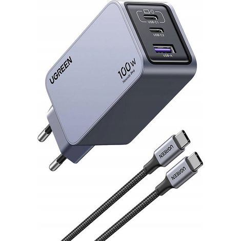 Ugreen Nexode Pro 100W GaN Wandladegerät 2x USB-C USB-A Grau 1 Stück. (1/5)