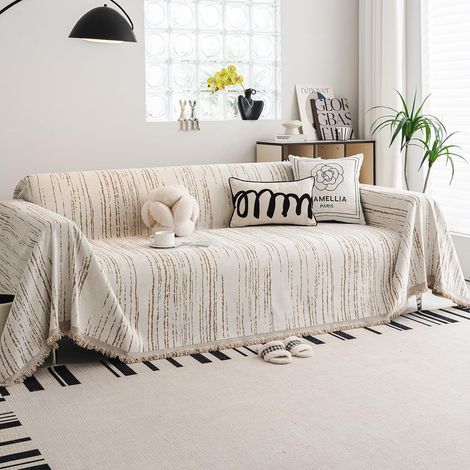 1 Housse de canapé, Chenille, Franges, Lavable, 180x260 cm, Kaki, Salon