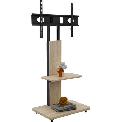 Support TV avec étagère, chariot TV mobile pour 32-75 pouces, support TV réglable en hauteur, support sur pied avec roulettes verrouillables, finition naturelle-B60/T40 cm