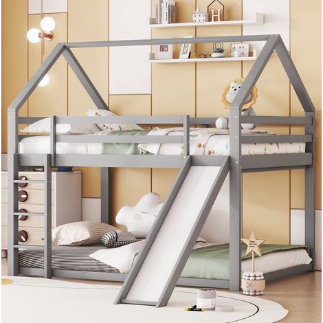 Etagenbett Hausbett aus Kiefernholz und MDF Grau 140x200 cm mit Rutsche, Leiter und Lattenrost (1/5)