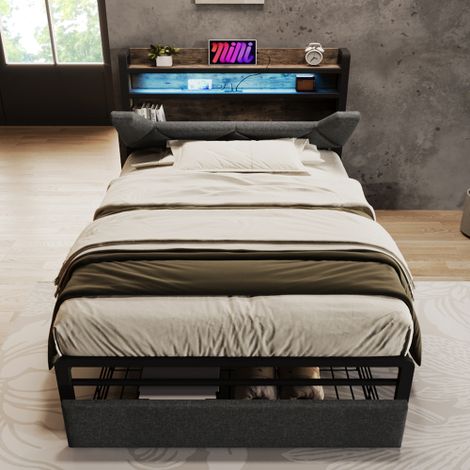 Lit rembourré avec port de charge USB-C, tête de lit avec rangement, éclairage LED et tiroirs lit une place (90 x 200 cm) avec espace de rangement et sommier à lattes sur cadre métallique gris (mate (1/5)