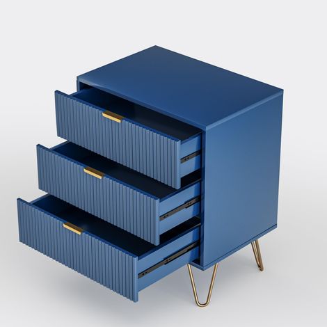 Commode 3 tiroirs, Scandinave Commode, Table de Chevet pour Salon, Chambre, poigné et pied doré, MDF, 60x40x70cm, bleu