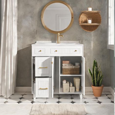 Meuble vasque 81,7 cm blanc laqué avec rangements et pieds bois (1/5)