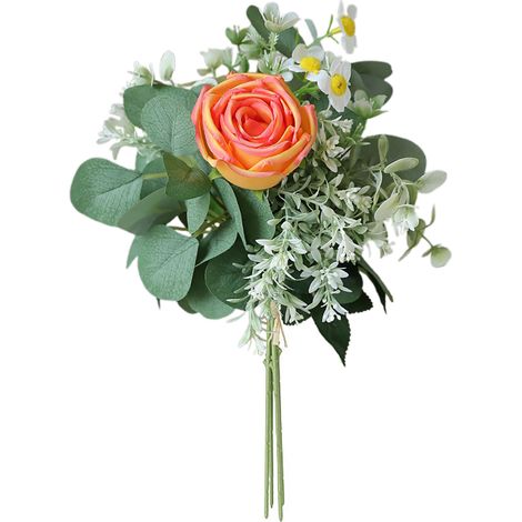 Bouquet de roses artificielles en soie orange avec feuilles d'eucalyptus, décoration florale élégante pour salon et salle à manger (1/5)