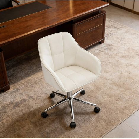 Sedia da ufficio 40.5x40x48-57 cm bianco crema in velluto e metallo girevole regolabile con ruote (1/5)