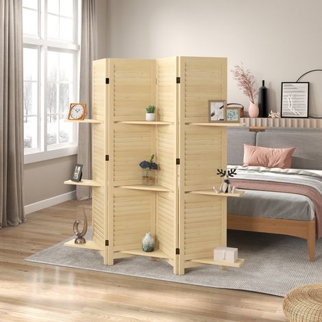 4-teiliger Raumteiler, 160 cm breit x 170 cm hoch, mit 3 Klappregalen, Naturholz-Finish.