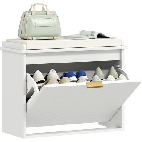 Beyamis Schuhregal mit gepolstertem Sitzkissen und ausklappbarer Schublade für Flur und Schlafzimmer, 62 x 26 x 47,5 cm, weiß
