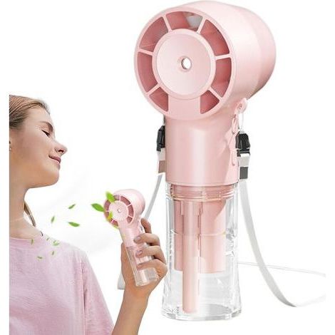 Ventilateur portable rechargeable avec fonction brumisateur, batterie 1200 mAh, rafraîchisseur d'air idéal pour les activités en extérieur par temps chaud, couleur rose (1/5)