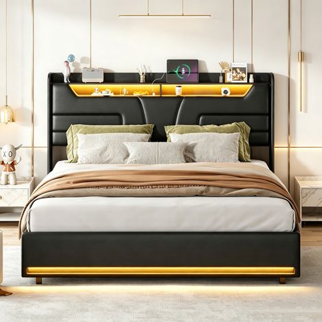 lit coffre 140x190, tête de lit avec LED réglable et chargement USB, rangement vérin pneumatique, PU, noir (1/5)