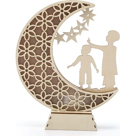 Lampe LED En Bois - Veilleuse Lunaire Étoilée Avec Découpe Creuse - Décoration Murale Ou Table Pour Ramadan Eid Al-Fitr - 1 Pièce (1/5)