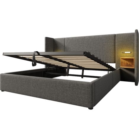 Cama doble 160x200 con mesita de noche, luz de lectura y puertos USB Tipo-C, gris (1/5)