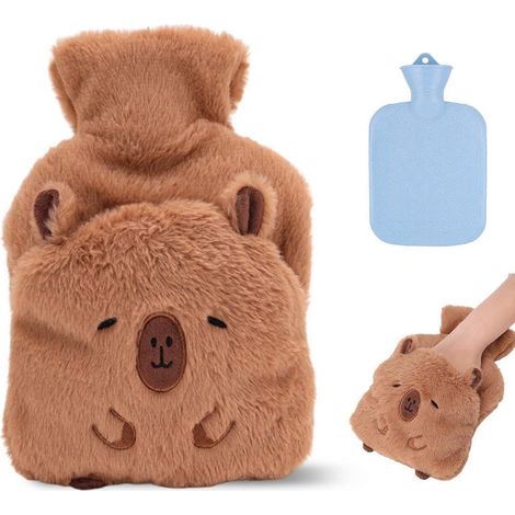Bouillotte en peluche capybara - Housse en polaire douce et mignonne, bouchon en caoutchouc étanche réutilisable, capacité de 1000 ml, cadeau d'hiver pour femmes et enfants (1/5)