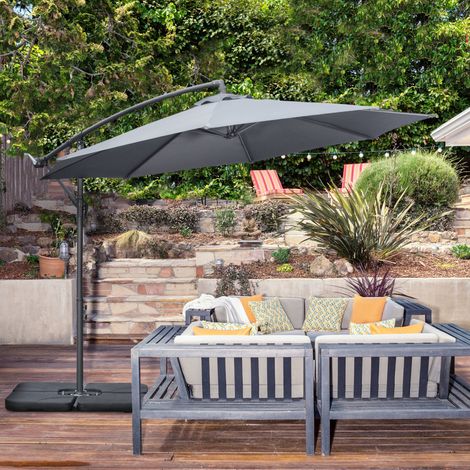 Sombrilla voladiza de aluminio gris oscuro, poliéster con manivela, inclinable, con base de cruz y funda