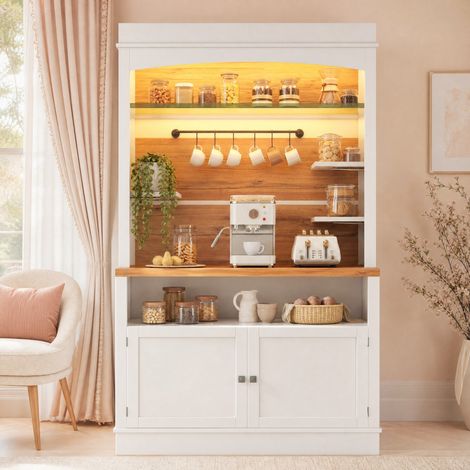 Credenza alta 107x34x184 cm, con illuminazione LED RGB controllabile da app, ripiani in vetro, MDF e metallo, bianco (1/5)