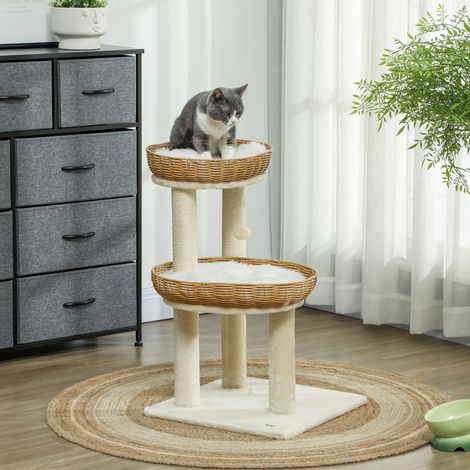 Arbre à chat arbre à grimper hauteur de 75,5 cm avec deux lits pour chat en rotin griffoirs coussins lavables beige (1/5)