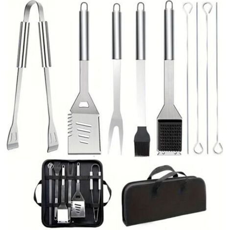 Ensemble d'ustensiles de barbecue en acier inoxydable 9 pièces avec sac de transport, pelle, brosse métallique, pinces et fourchette, accessoires de cuisine en plein air et de camping (1/4)