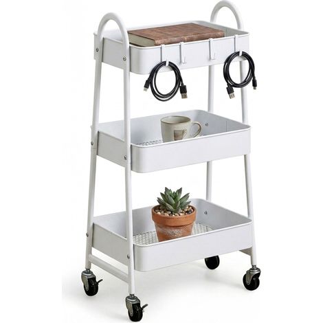 Relaxdays Rollwagen, 3 Etagen, Allzweckwagen mit Haken, Hobby, Büro, Bad, Küchenwagen HBT: 80x44x32cm, Metall, PP, weiß