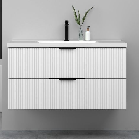 Meuble de salle de bain suspendu Strié 100cm avec poignées + simple vasque + 2 tiroirs, Blanc