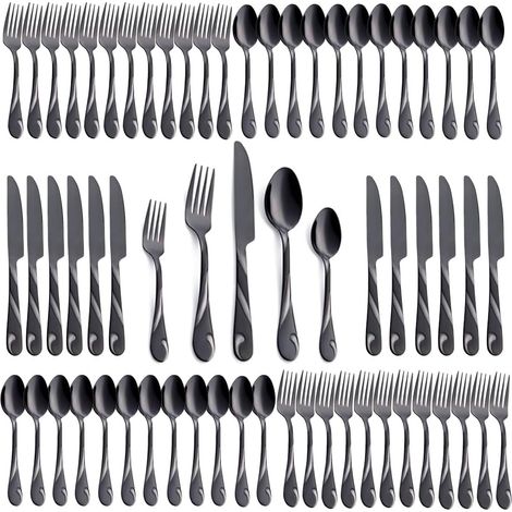 Ensemble de couverts noirs pour personnes, acier inoxydable, en métal noir poli. Comprend des fourchettes, des couteaux et des cuillères (1/5)