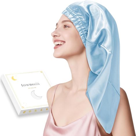 Seiden-Nachthaube – 1 Stück – 22 Momme Maulbeerseide – Rutschfest und atmungsaktiv – Für langes und lockiges Haar – Eisblau, 80 cm (1/5)