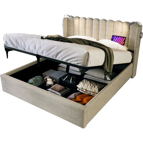Lit double 140x200 beige avec tête de lit LED, port USB, coffre de rangement, cadre en métal, sommier à lattes et matelas à ressorts ensachés – CHICFURN (1/5)