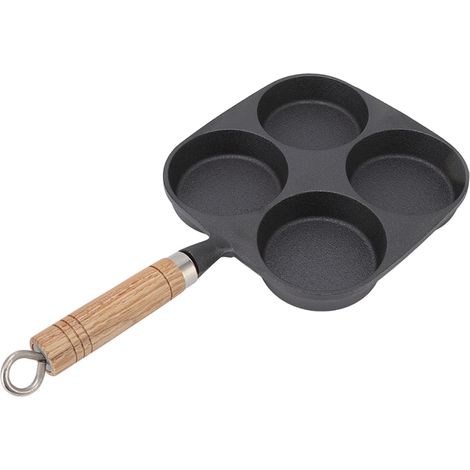 Eierpfanne aus Gusseisen für Camping im Freien, 4 Mulden mit Holzgriff, unbeschichtet, Eierform zum Grillen. (1/5)
