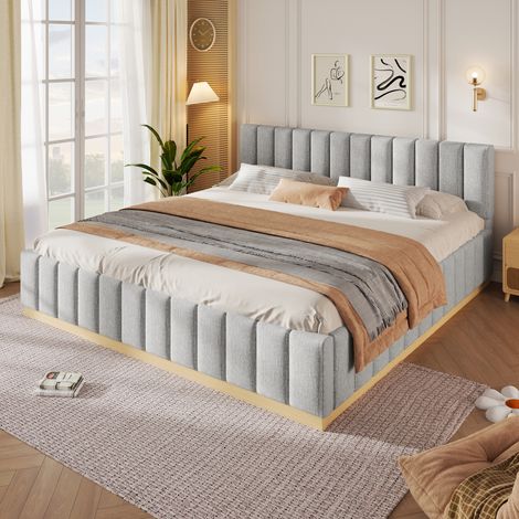 Lit double rembourré 180x200 cm avec sommier à lattes, tête de lit rembourrée confortable, sans matelas, chenille et contreplaqué, Gris (1/5)