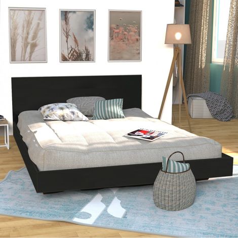 Le Quai Des Affaires – Lit adulte 140x190 cm – Structure en panneau de particules – 12 lattes multiplis – Finition noire – Dimensions 192x143x75 cm (1/4)