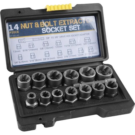 Juego de 14 extractores de tuercas en espiral, juego de llaves de tubo y extractor de pernos para extraer tuercas y tornillos dañados y oxidados (6,35-19 mm) (1/5)