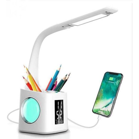 YIDOMDE Eye-Caring LED Desk Lamp, Study Table Lamp, USB Charging Port, Nighttime Atmosphere Light with Pen Holder/Time/Calendar Display (1/5)