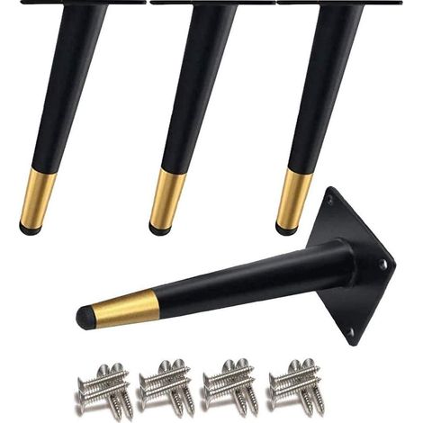 4 pieds obliques pour table en métal, pieds de meuble coniques, acier inoxydable 201, noir et doré, hauteur 15 cm, embase antidérapante silencieuse pour canapés et autres meubles (1/5)