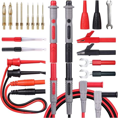 25-teiliges Multimeter-Kabelset, professionelles und verbessertes Messleitungsset mit auswechselbaren vergoldeten Multimetersonden, Krokodilklemmen, Prüfhaken und hinteren Sondenstiften. (1/4)