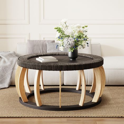 Runder Couchtisch 90x90x43 cm, schwarz und braun, Rattan-Stil, Holz- und MDF-Struktur, MEUBLIV (1/5)