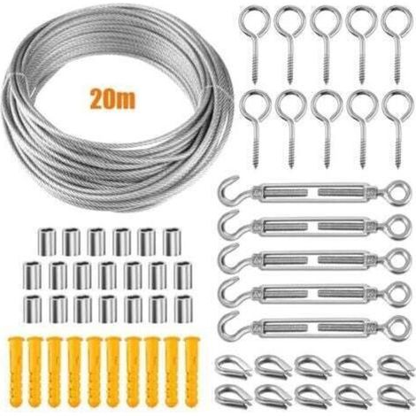Kit de fixation d'auvent, Kit de matériel de voile d'ombrage avec câble métallique de 20 m, Kit de fixation de voile d'ombrage en acier inoxydable pour jardin (1/5)