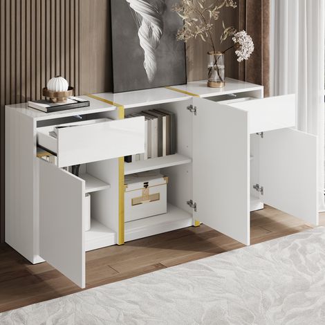 Buffet design moderne 160x40x78 cm,Commode meuble de rangement pour salon salle à manger entrée, MDF laqué brillant avec 3 portes et 2 tiroirs, Blanc (1/5)