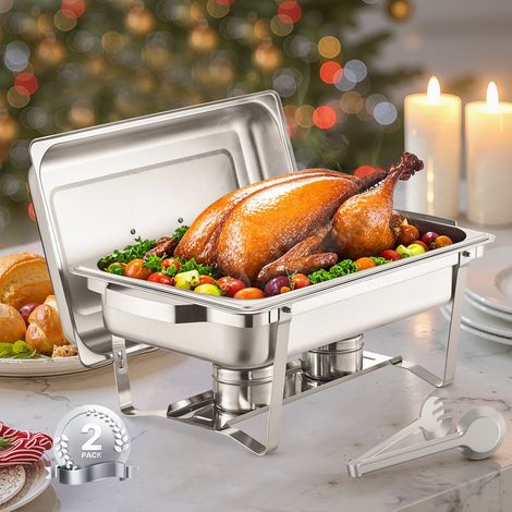 Mophorn Ensemble buffet de réchauds 8 pintes,lot de 2,réchaud en acier inoxydable avec 2casseroles pleine grandeur, réchaud rectangulaire avec couvercle, bac à eau, support et réservoir à combustible (1/5)