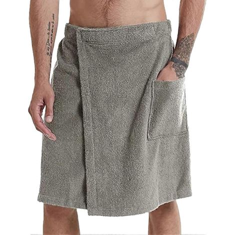 Serviette de bain ajustable pour homme - Jupe de serviette portable avec poches, idéale pour la salle de sport, la douche, le sauna, le spa et la plage, grise, taille M (1/5)