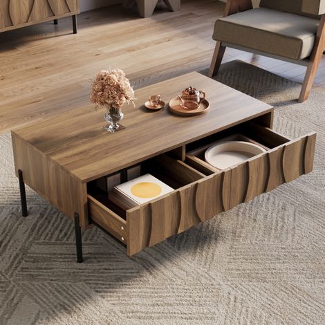 Couchtisch 105x55x41 cm Natur MDF und Spanplatte mit 2 Schubladen im Retro-Stil (1/5)