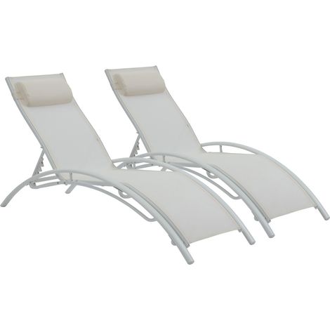 Habitat Et Jardin – Lot de 2 bains de soleil inclinables en aluminium – Siège en textilène – Couleur écru – Dimensions 181 x 58 x 93 cm